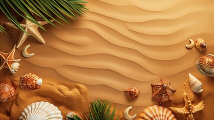 Fundo fotográfico de verão com areia de praia e conchas