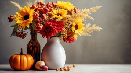 A vase with autumn flowers, sunflowers and chrysanthemums on the table, with small pumpkins next to it, against a gray background