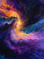 Craft an aerial view of a cosmic landscape with swirling colors and abstract shapes, merging realism with ethereal elements to depict the beauty and mystery of the universe