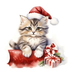 Cute siberian kitten in Santa Claus hat. Watercolor illustration