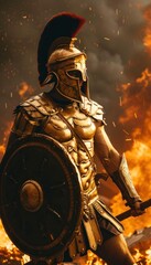 Fototapeta premium Spartan on burning battlefield wearing armor and helmet