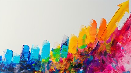 A vibrant, upward graph painted on a large canvas, its colors blending and bursting in an abstract representation of growth and creativity, set against a stark, gallery white background. 