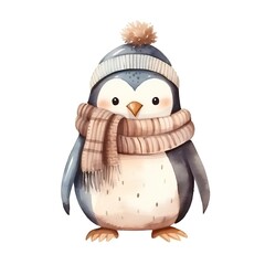 Obraz premium Cute penguin in a hat and scarf. Watercolor illustration