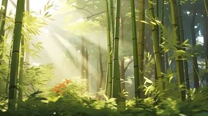 Bamboo forest in the morning with sunbeams and lens flare