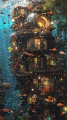 Delve into an enchanting underwater realm where vibrant marine life meets steampunk aesthetics, creating a mesmerizing fusion of dreamlike landscapes and intricate details