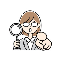 虫メガネを持って指差すビジネスウーマン