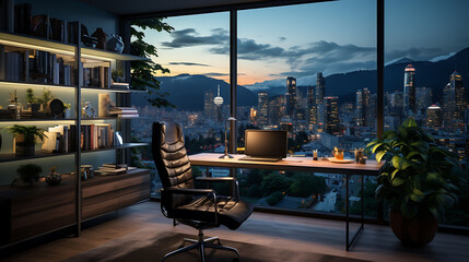 Modern home office with glass desk and city view,