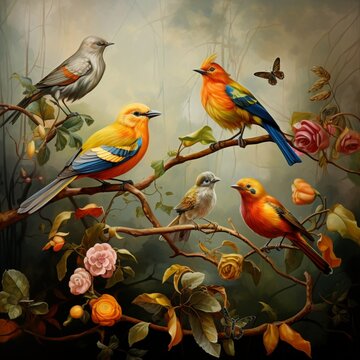  A group of colorful birds perched on branches, surrounded by blooming flowers and butterflies in the background