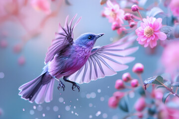 A purple bird flying away from twigs in the wild, wildlife template