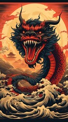 Poster of a Japanese dragon in the ocean with big waves