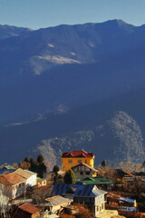 panoramic view of tawang hill station, located on the slopes of himalaya mountains near india china...