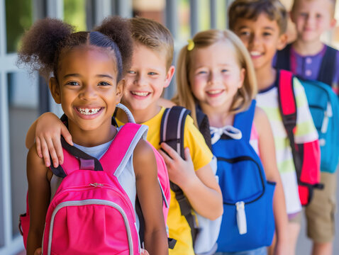 crian&ccedil;as animadas saindo da escola e entrando no per&iacute;odo de f&eacute;rias de ver&atilde;o, transmitindo a alegria e o entusiasmo pelo in&iacute;cio das f&eacute;rias escolares