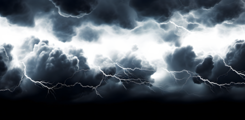 Dark storm clouds with lightning isolated on white and transparent background Ominous Storm Clouds with Lightning Bolts Isolated on White, Dramatic Weather Photo