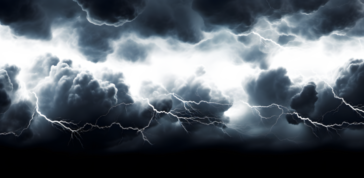 Dark storm clouds with lightning isolated on white and transparent background Ominous Storm Clouds with Lightning Bolts Isolated on White, Dramatic Weather Photo