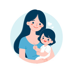 Simple Flat Modern Illustration of A Happy Mother Holding Her Cute Happy Baby Child