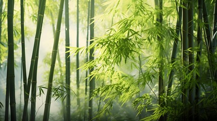 Bamboo forest in the morning light. Panoramic image.