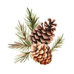 Fototapeta premium Watercolor fir branches with pine cones. Hand painted illustration isolated on white background