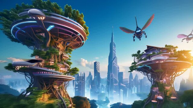 Fantastical treehouses with glowing, curving architecture rise above a floating futuristic cityscape shrouded in mist. 