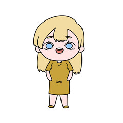 A cartoon girl with a yellow dress and blue eyes is smiling