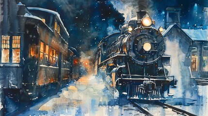 Watercolor of a diesel train arriving at a snow-covered station, the falling snowflakes softening the harsh lines of the locomotive and tracks