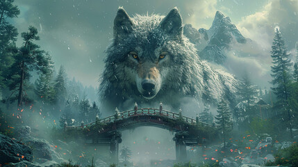 illustration of a wolf print on a bridge anime style