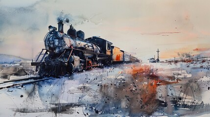 Minimalist watercolor focusing on a diesel engine at twilight, the cool autumn air and onset of snow creating a serene, subdued setting