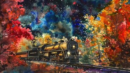 Vibrant watercolor of a diesel locomotive under a canopy of fall colors, with stars twinkling above and a cool, crisp night air enveloping the scene