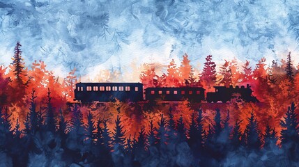 Minimalist watercolor showing the silhouette of a train traveling through a forest of fiery autumn colors, the scene bathed in the blue hues of a twilight sky