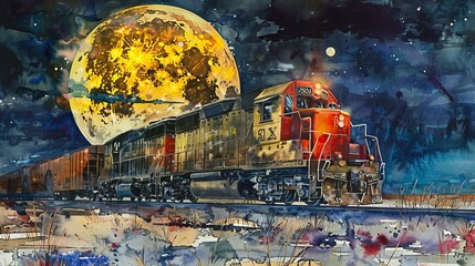 Vibrant watercolor of a diesel locomotive under a canopy of fall colors, with stars twinkling above and a cool, crisp night air enveloping the scene