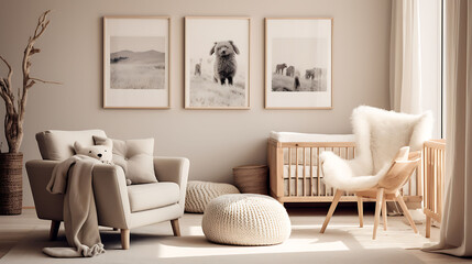 Modern Scandinavian nursery with natural wood furniture, soft textiles, and playful animal art,