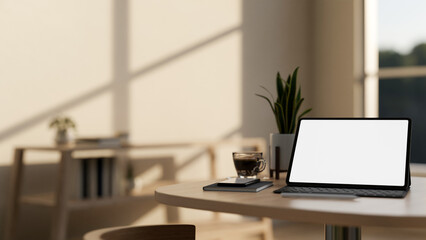 A white-screen digital tablet mockup and decor on a wooden table in a cozy minimalist cafe.