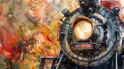 Watercolor close-up of a vintage train's headlamp, the background a blur of autumn colors speeding past, focusing on the journey