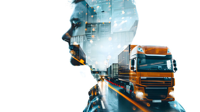 Double exposure of logistics and transportation concept with double exposure of truck and driver