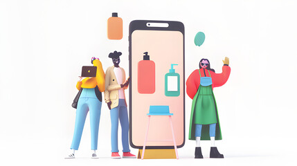 Illustration of three diverse people interacting with a giant smartphone, showcasing various apps and technology in a creative, abstract setting