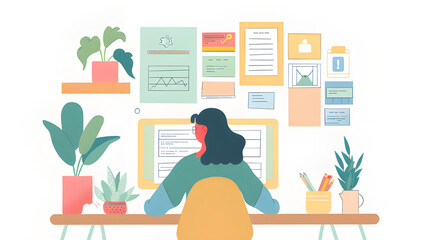 Illustration of a woman working at a desk surrounded by colorful notes and digital displays, creating a vibrant and organized creative workspace