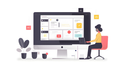 Minimalist illustration of a woman using a laptop at a modern desk with a large screen displaying various applications, in a clean and efficient office setting