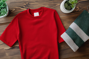 Top view of mockup red t-shirt on wooden table mock up concept