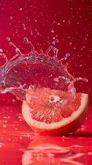 This captivating image captures the dynamic moment of vibrant pink water splashing onto a juicy grapefruit slice, creating a stunning visual contrast against a bold maroon background. The splash freez