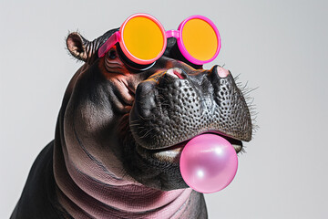hippo blowing bubble gum, wearing neon goggles, on white background