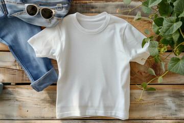 Mockup of a large white t-shirt placed on a rustic board, a plant, sunglasses, a corner of folded jeans mock up concept