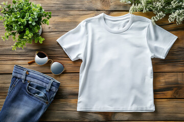 Mockup of a large white t-shirt placed on a rustic board, a plant, sunglasses, a corner of folded jeans mock up concept