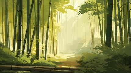 Bamboo forest in the morning. Panoramic image of bamboo forest.