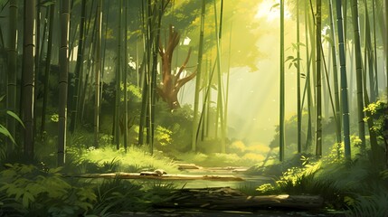 Panoramic view of a beautiful green forest with sunbeams