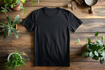 Unisex short-sleeve shirt mockup, black tee hanging on a wooden hanger on a clothing rack mock up...