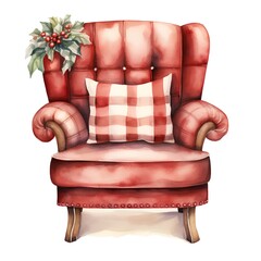 Comfortable armchair with pillows. Watercolor hand drawn illustration