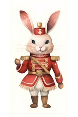 Watercolor illustration of a cute little white rabbit in a red coat.