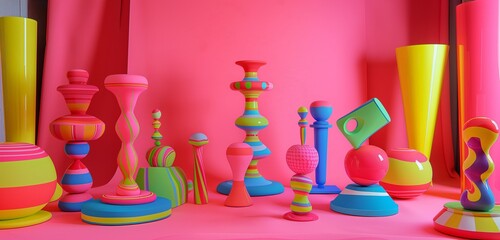 A playful, bubblegum pink studio background, offering a fun and whimsical setting for a series of pop art sculptures, their bright colors and bold forms enhanced by the cheerful backdrop. 