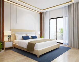 Modern style bedroom with emphasis on brightness in the room and the view outside the window.
