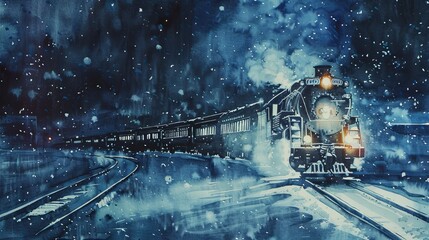 Watercolor of a steam train chugging through a snowy landscape, white mist from the engine blending with the falling snow