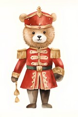 Watercolor illustration of a teddy bear in a red uniform.